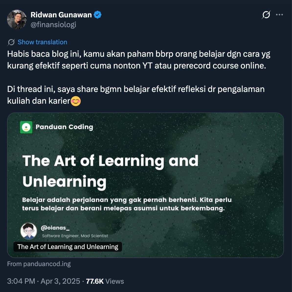 Testimonial screenshot from Ridwan