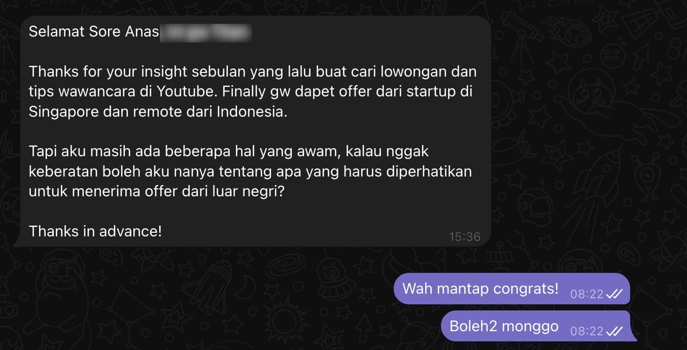 Testimonial hasil career outcome via WhatsApp