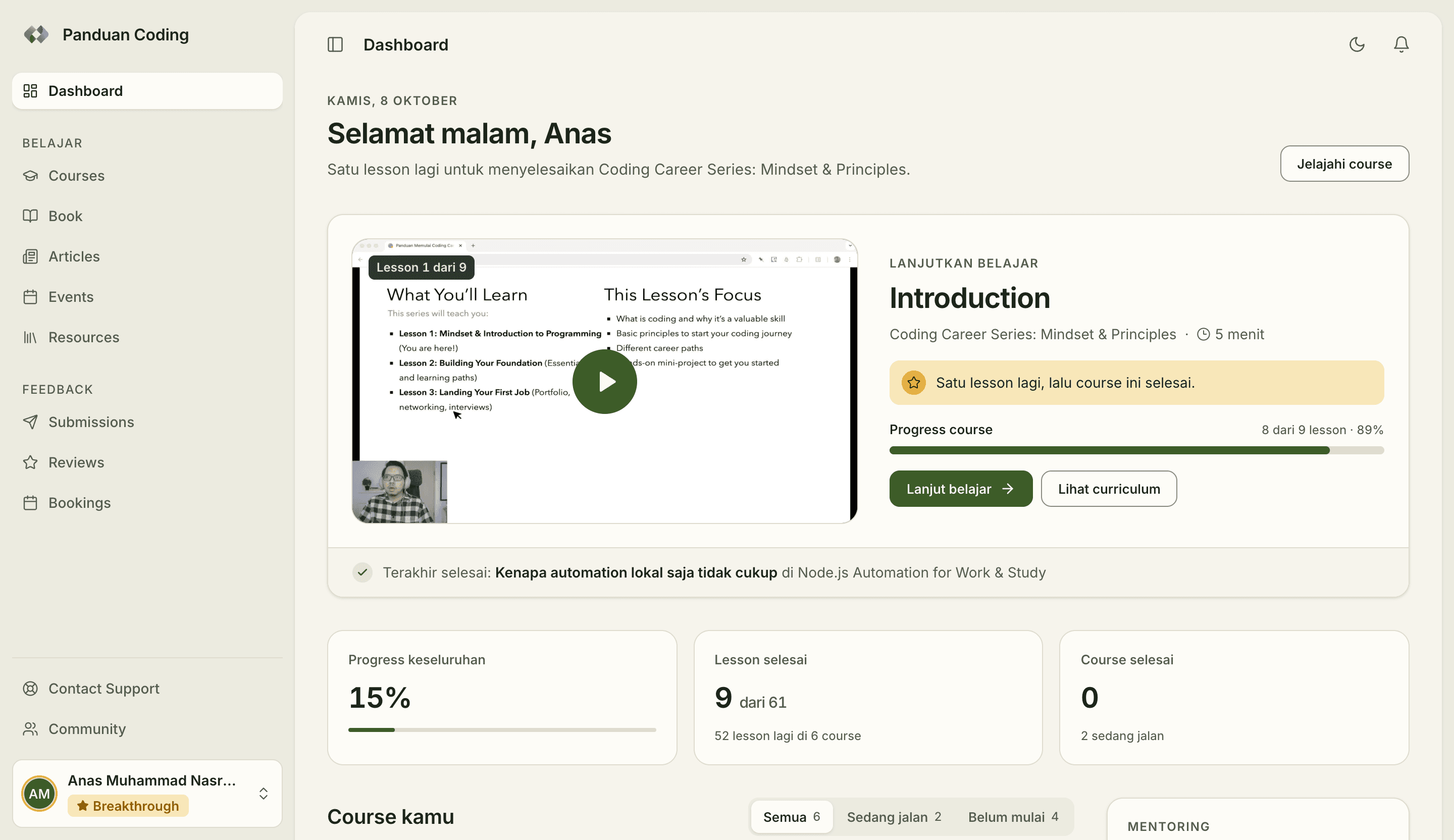 Dashboard Panduan Coding: lanjutkan lesson terakhir, progres belajar, daftar course, dan jadwal mentoring