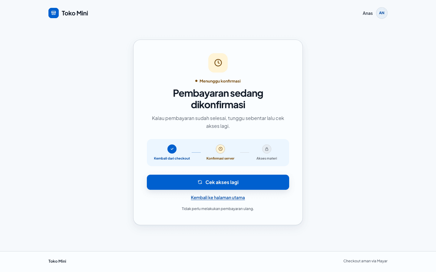 Tampilan Toko Mini saat pembayaran menunggu konfirmasi, dengan tombol untuk mengecek akses lagi.