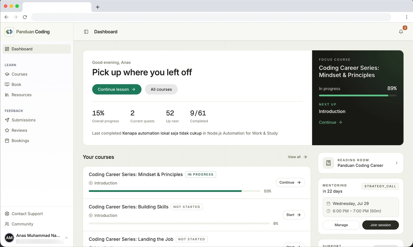 Dashboard Panduan Coding dengan roadmap course dan progres belajar